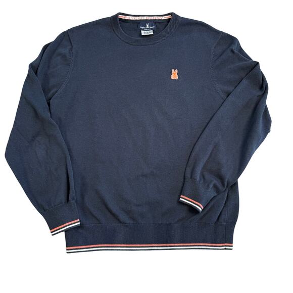 PSYCHO BUNNY Blue Sweater Cotton Blend Crew Neck Skull Logo Men’s Size M - Picture 1 of 11